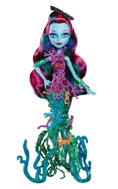 a doll with pink hair and blue eyes is standing on top of an ocean plant