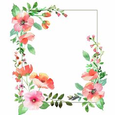 watercolor flowers and leaves are arranged in the shape of a square frame