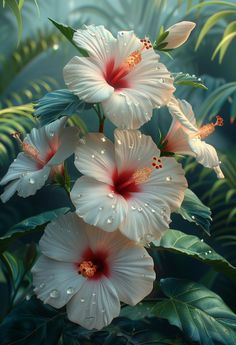 some white flowers with red centers and green leaves