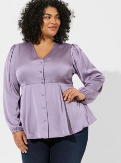 Satin Long Sleeve, Peplum Styles, Purple Satin, Couple Dancing, Peplum Blouse, Plus Size Womens Clothing, Purple Fashion, Lace Sleeves, Color Purple