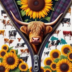 a painting of a cow with sunflowers and other animals in the background, as well as an open zipper