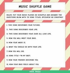 the music shuffle game is shown in red and white striped paper with words on it