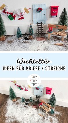 two pictures with the words winter written in german and an image of snow covered ground