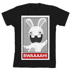 Celebrate the popular rabbit characters with this Rabbids tee. The shirt features a black and white image of a Rabbid in a white frame while white text on a red background below spells out, "Bwaaaah!" The tee comes in a black short sleeve crew neck and makes a great gift for fans of the Rabbids video games. Black Novelty Short Sleeve T-shirt, Rare Rabbit Shirt, Black Novelty T-shirt With Character Print, Black Short Sleeve Gamer T-shirt, White Short Sleeve T-shirt With Bunny Print, Cozy Couch, Parent Support, Twist Outs, White Letters