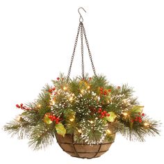 a potted plant hanging from a chain with christmas lights and berries on the branches