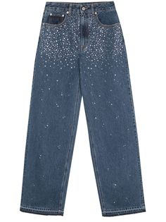 indigo blue cotton hotfixed rhinestone-detailing logo patch to the rear belt loops button fly fastening wide leg raw-cut hem classic five pockets Jeans With Gems, Jeans With Rhinestones, Rhinestone Jeans, Detailing Logo, Alessandra Rich, School Party, Wardrobe Edit, Yoko London, Embellished Jeans