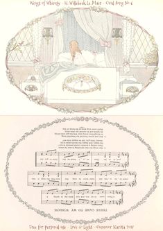 an old sheet with music notes on it and a drawing of a woman in bed