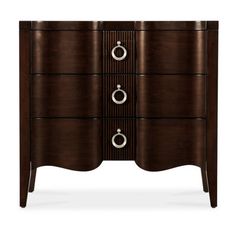 an elegant wooden dresser with three drawers and two pulls on the front, in dark wood