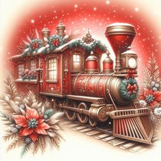 a painting of a train with christmas decorations on it