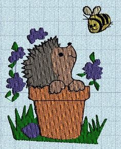 a hedge sitting in a basket with flowers and a bee flying over the back ground