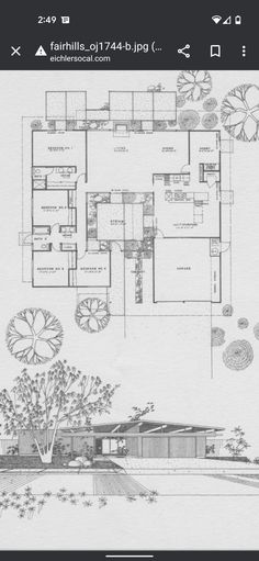 a drawing of a house with trees and bushes