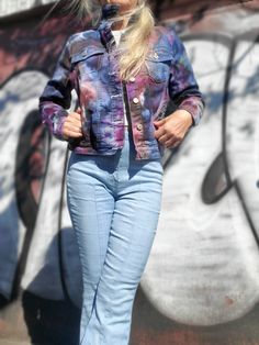 "ICE Dye Crop Jacket S-XL Boho Jacket, Stretchy Denim Jacket, Street Style, Street Fashion A fun jacket with a good stretch, front buttoning, chest, side & inner pockets. Color Combo Name: ICE DYE navy-purple I'm modeling this in a size Medium, which I find the perfect size for me; I am 5'3\", 34\"-28\" - not chesty! Sizes: S, M, L, XL -TRUE TO SIZE! ALWAYS DOUBLE-CHECK THE MEASUREMENTS! Measurements Chest Across: 17½\", 18½\", 19½\", 20½\" Bottom Band Across: 16\", 17\", 18\", 19\" Length: 19½\", 20½\", 20½\", 23\" Sleeves Length: 22½\", 22½\", 23\", 23\" Material 70% cotton, 28% poly, 2% spandex LIGHTWEIGHT STRETCHY FABRIC! Pre-shrunk Machine Wash & Dry Each piece is hand-dyed individually! Although I use the same fabric dyes, the result is always unique and one of a kind!" Urban Fitted Denim Jacket With Pockets, Fitted Urban Denim Jacket With Pockets, Casual Fitted Button-up Cropped Jacket, Casual Fitted Cropped Jacket With Pockets, Fitted Button-up Denim Jacket For Winter, Purple Relaxed Fit Cotton Outerwear, Fitted Winter Denim Jacket With Snap Buttons, Fitted Denim Jacket With Snap Buttons For Winter, Casual Purple Relaxed Fit Outerwear