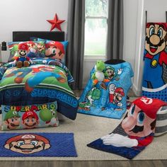 a bedroom with mario bros bedding and rugs