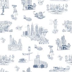 the city skylines are drawn in blue ink on white paper, and there is no image to describe