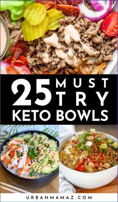 Looking for must try keto bowls? Check out this list of 25 easy keto bowls to meal prep that are perfect for weight loss. Keto Dinner Bowls, Easy Keto Bowl Recipes, Keto Diet For Beginners Meal Prep, Keto Bowls Lunch, Keto Mexican Bowl, Keto Hamburger Bowls, Keto Lunch Bowls, Keto Meal Prep Bowls, Keto Bowls Meals