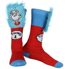 Step into the whimsical world of Dr. Seuss with our adorable Thing 1 and Thing 2 Knee-High Fuzzy Top Socks! Inspired by the mischievous duo from the beloved children's book, these socks are the great accessory for little ones who love to embrace their playful side. Crafted with care and attention to detail, these vibrant red knee-high socks feature one sock that reads "Thing1" and the other "Thing 2". The fuzzy tops add an extra touch of fun and comfort, making them ideal for keeping little feet Playful Fitted Winter Socks, Multicolor Novelty Socks For Stocking Stuffer, Novelty Multicolor Socks For Stocking Stuffers, Playful Red Socks For Winter, Playful Red Winter Socks, Fun Round Toe Socks For Playtime, Red Novelty Socks For Winter, Novelty Red Socks For Winter, Fun Character Design