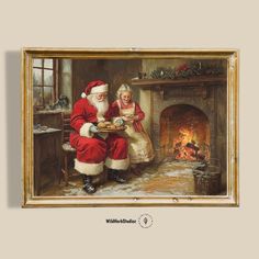 a painting of santa and mrs claus sitting in front of a fire place eating food