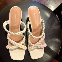 Beautiful, Never Worn Sincerely Jules, Off-White Crisscrossed Block Heal Sandals White Strappy Heels For Vacation, White Strappy Beach Heels, White Strappy Heels For Beach, White Synthetic Cross Strap Sandals, White Sandals With Braided Straps, Casual White Strappy Heels, Sincerly Jules, Braided Sandals, Sincerely Jules