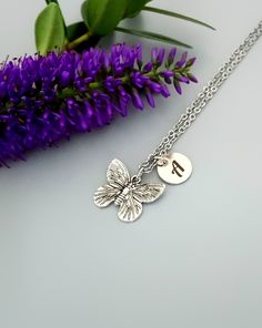 "Butterfly necklace, bridal shower gift, personalized stainless steel butterfly pendant, butterfly jewelry, bridesmaid gift,  graduation gift, best friend gifts, mother gift,  anniversary gift, sister gift, grandma gift, A wonderful gift for her on Christmas, Anniversary, Birthday, Valentine's Day and suitable for any occasion! Size - Antique silver color charm (metal alloy) 18x15mm  - Stainless steel initial tag : 10mm - Stainless steel chain : 16\" with 2\" extension chain 18\" with 2\" extension chain 20\" with 2\" extension chain Add on a birthstone charm www.etsy.com/uk/listing/486603887 All jewelry arrives in a beautiful organza bag ready to open or give away. PLEASE NOTE - Photo is a closeup and may may show necklace to appear larger than life. - Color may vary slightly due to the c Gift Sister, Gift Best Friend, Necklace Bridal, Jewelry Bridesmaid, Bridal Shower Gift, Butterfly Jewelry, Birthstone Charms, Butterfly Necklace, Butterfly Pendant