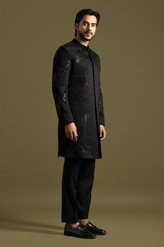 Buy Black Linen Satin Embroidery Cut Dana Gardenia Achkan With Trouser For Men by Paarsh Online at Aza Fashions. Trouser For Men, Trouser Pattern, Satin Embroidery, Sequin Embroidery, Cocktail Reception, Satin Color, Sequins Embroidery, Full Sleeves, Black Linen