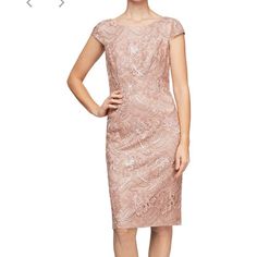 Alex Evenings Embroidered Sequin Lace Dress Color:Rose Gold Size:12 This Glamorous Cap Sleeve Lace Cocktail Dress Is Finished With Lush Floral Embroidery & Shimmering Sequin Detail. Wear This Wonderful Dress At The Night Of Any Big Event... Perfect For Wedding Guests! Elegant Formal Embroidered Lace Dress, Elegant Embroidered Midi Dress For Formal Occasions, Elegant Formal Embroidered Midi Dress, Elegant Pink Midi Dress With Floral Embroidery, Elegant Embroidered Midi Dress For Cocktail, Elegant Pink Embroidered Dress With Short Sleeves, Elegant Fitted Embroidered Dress For Gala, Elegant Knee-length Floral Embroidered Lace Dress, Elegant Knee-length Lace Dress With Floral Embroidery