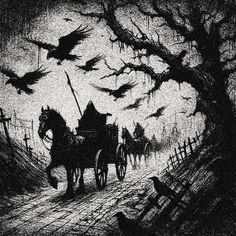 a black and white drawing of people on horses pulling a carriage with bats flying overhead