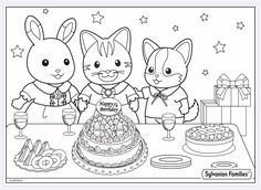 two cats and a cat in front of a birthday cake