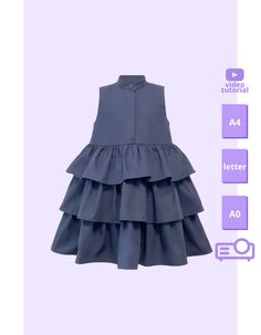 a blue dress with ruffles on the bottom and an advertise below