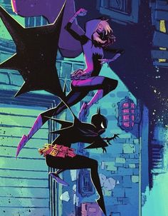 an illustration of two women dressed as batman and catwoman flying through the air with their hands in each other's pockets