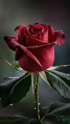 a single red rose with water droplets on it