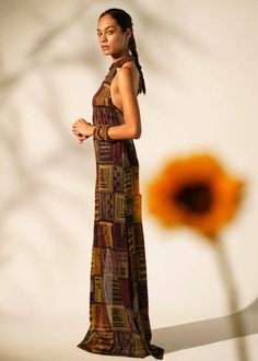 Multicolor abstract print halter neck maxi dress with sequins throughout and side slits. Halter Neck Gown, Plain Skirt, Shirt Pant, Halter Neck Maxi Dress, Earthy Outfits, Dress With Sequins, Halter Neck Dress, Designer Label, Current Styles