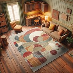 a living room filled with furniture and a rug on top of a hard wood floor