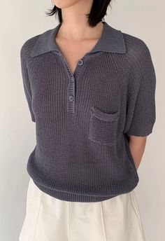 Khatie Knit Polo In Grey #contemporary #luxury #fashion #outfit #womensfashion #outfits #summer #tops #elevated #wardrobe #ootd #ootn #summeressentials #dallasfashion #designers #boutiques #shopping #clothing #casual #everydaystyle #nightout #date #outfit #resortwear #comfortable #leisurewear #couture #tailored #womensclothing #corporatebusinesswear #workwear #stylist #beach #thenkcstore #nicolekwon #koreanfashion #streetwear #streetstyle Shirts Crop Tops, Shirts Crop, Dallas Fashion, Denim Hat, Knit Polo, Polo Blue, Knit Tank, Engineered Garments, Knitting Women