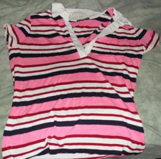 Used stripe shirt. Juniors Size L/Women's size S-M. Clean, comes from smoke/pet free home. Pink Short Sleeve Top With Striped Collar, Casual Pink Top With Striped Collar, Pink Cotton Shirt With Striped Collar, Casual Pink Shirt With Striped Collar, Pink Y2k Shirt, Fairy Kei Fashion, Kei Fashion, Pink Y2k, Stripe Shirt