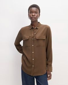 The Utility Shirt in Washable Silk Cocoa – Everlane Classic Button-up Blouse With Welt Pockets, Elegant Tops With Pockets And Shirttail Hem, Classic Collared Blouse With Buttoned Pockets, Workwear Shirt With Welt Pockets And Shirttail Hem, Everyday Blouse With Pockets And Spread Collar, Classic Workwear Blouse With Buttoned Pockets, Classic Blouse With Buttoned Pockets For Work, Button-up Blouse With Welt Pockets For Work, Classic Everyday Blouse With Pockets