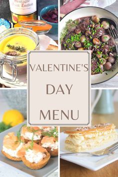 valentine's day menu collage with images of food and drinks on the table