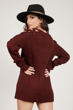 Cozy Fireside Dinner Or Just Chillin', The Wine Miracle Lace Up Sweater Dress Is Here To Elevate Your Look When You'Re Feeling Snuggly. With Lace-Up Details On The Sleeves And Shoulders, This Ribbed Sweater Looks Cute With Leggings Or Skinny Jeans, And Even Better Worn As A Trendy Sweater Dress. Cozy Brown Winter Sweater Dress, Red Wine Sweater Dress, Fall Ribbed Brown Sweater Dress, Winter Ribbed Brown Sweater Dress, Head Turning Dress, Fitted Brown Sweater Dress With V-neck, Trendy Sweater, Sweater Mini Dress, Party Sweaters