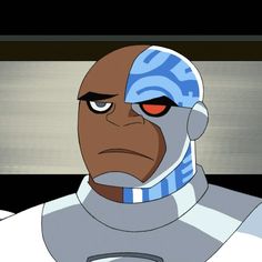 an animated image of a man in a space suit with red eyes looking at the camera