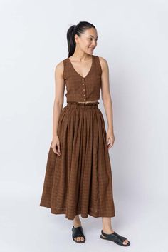 World of Crow Pull On Skirt - Antique Brown on Garmentory Strappy Tops, Brown Midi Skirt, Brown Blouse, Basic T Shirts, Brown Skirt, Modern Witch, Handwoven Fabric, Strappy Top, Gathered Skirt