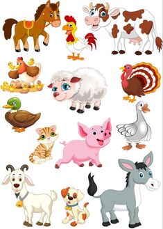 various farm animals and birds on a white background