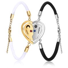 two heart shaped bracelets with chain attached to each other, one in gold and the other in silver