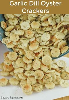 garlic dill oyster crackers in a blue bowl