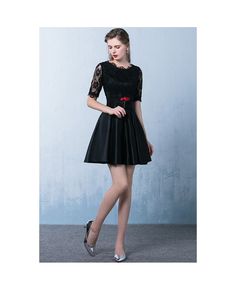 Get 10% off now! Buy black lace satin aline party dress with lace sleeves at cheap price online. Free stable shipping and pro custom service since 2009. Black A-line Satin Dress, Fitted Black Satin A-line Dress, Black Satin A-line Fitted Dress, Black Fitted A-line Satin Dress, Black Satin A-line Dress, Black Satin Dress For Prom Season, Black Satin Mini Dress For Prom Season, Black Mini Dress With Lace Bodice, Fit And Flare Lace Party Dress