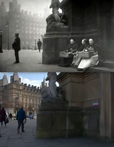 an old and new photo of people walking down the street