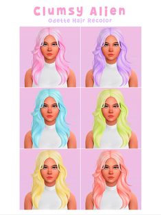 six different colored hair styles for the simsy aien game, including blondes and blue