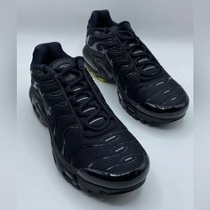 Nike Air Max Plus Sneakers Brand New Without Box Youth Size 5y And 7y Color Black/Black Sporty Black Sneakers With Air Cushioning, Black Sporty Sneakers With Air Cushioning, Black Sneakers With Rubber Sole And Round Toe, Black Lace-up Sneakers With Air Cushioning, Nike Black Sneakers With Boost Midsole, Black Sneakers With Air Cushioning For Outdoor, Black Breathable Sneakers With Round Toe, Black Low-top Running Shoes With Rubber Sole, Nike Black Sneakers With Air Cushioning