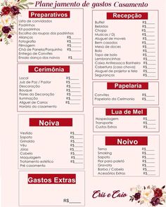 the spanish language menu for an event with flowers and words in red, white and pink