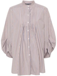 almond beige/white/black cotton poplin texture vertical stripe pattern band collar three-quarter length sleeves pleat and draped detailing to the sleeve pintuck and pleat detailing to the front short side slits straight hem front button fastening Poplin Blouse, Pleated Tops, Wardrobe Edit, Alberta Ferretti, Band Collar, Cotton Poplin, Striped Shirt, Stripes Pattern, Three Quarter