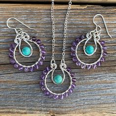 Amethyst and Turquoise Beaded Necklace and Earring Jewelry Set: **Earrings: Amethyst and Turquoise beaded hoop earrings on a nickel free ear-wire. Approximately 1.8 inches in length and 1 inch at the widest portion. **Necklace: Amethyst and Turquoise beaded pendant on a silver plated chain. Measures about 17 inches in length and can be extended to about 20 inches with extender. **All of these items are handmade so please allow for possible slight variance in sizing and appearance. If you would l Teardrop Amethyst For Jewelry Making, Teardrop Amethyst Jewelry With Natural Stones, Artisan Purple Gemstone Jewelry, Turquoise Teardrop Jewelry For Crafting, Amethyst Gemstones For Jewelry Making In Teardrop Shape, Wire Wrapped Teardrop Amethyst Jewelry, Handmade Teardrop Amethyst Gemstones, Handmade Amethyst Teardrop Jewelry, Handmade Teardrop Purple Jewelry