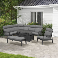 an outdoor patio furniture set with grey cushions